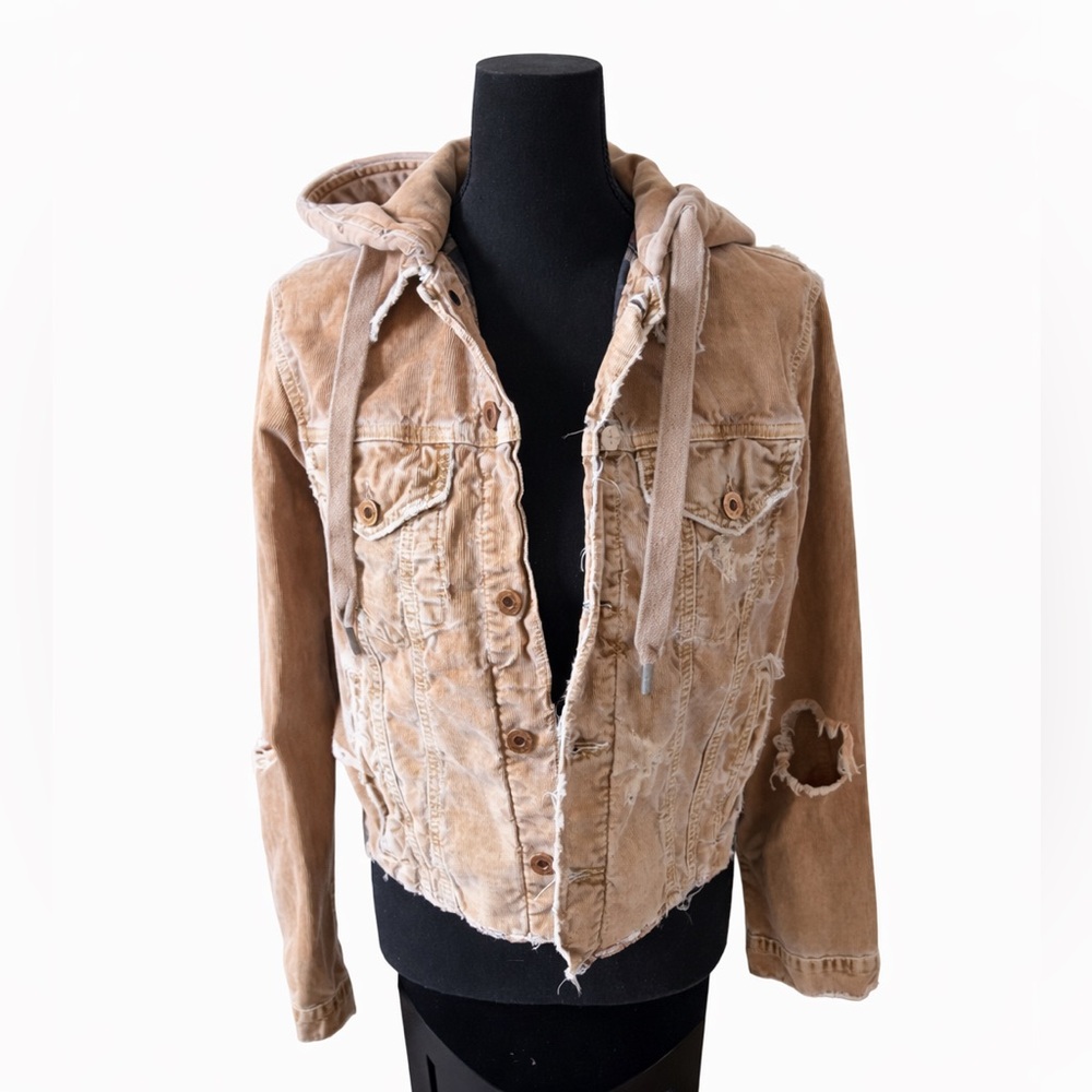 NSF Distressed Tan Corduroy Hooded Jacket Plaid Lined USA S